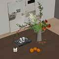 Stylish Decorative Ornament Set With Vase Flowers Book Small Sculptures And Oranges On Wooden Tabletop