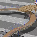 Curved Pergola With Colorful Canopy Wooden Structure And Circular Green Areas On Gray Paving