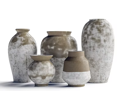 Ceramic Vases In Multiple Sizes With Distressed Texture And Earthy Tones For Home Decor 3d model
