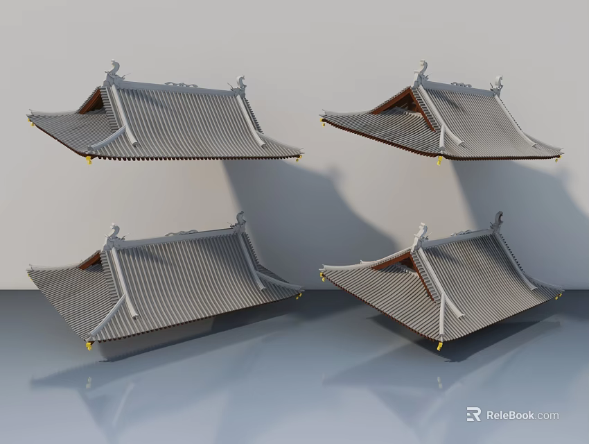 Traditional Chinese Sofa Coffee Table Set With Curved Eaves Grey Tile And Yellow Accents 3d model 