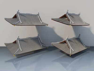 Traditional Chinese Sofa Coffee Table Set With Curved Eaves Grey Tile And Yellow Accents 3d model
