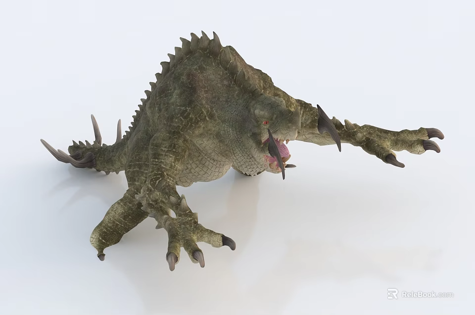 Game Movie Monster Character With Green Skin Spikes Open Mouth Sharp Claws And Red Eyes 3d model 