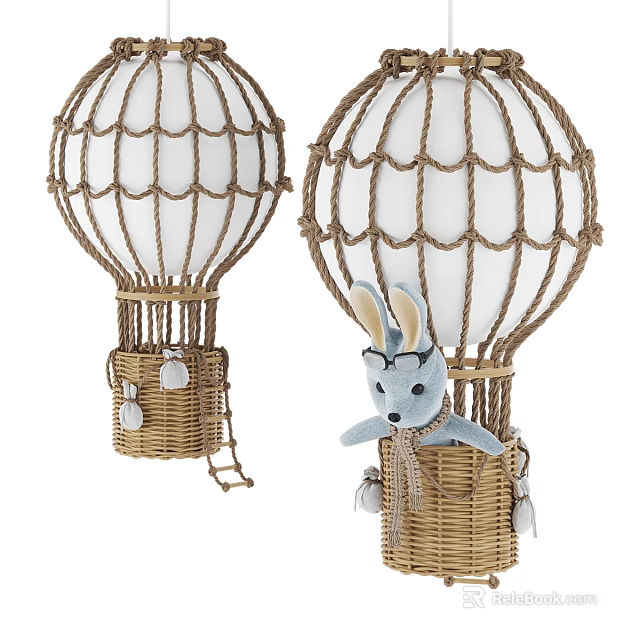 Hot Air Balloon Chandelier With Woven Rope White Lampshade Wicker Basket And Rabbit Plush Toy 3d model 
