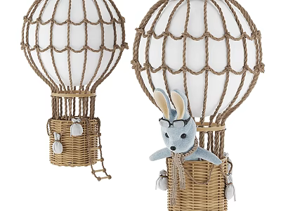 Hot Air Balloon Chandelier With Woven Rope White Lampshade Wicker Basket And Rabbit Plush Toy 3d model