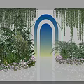 Floral Art Installation Featuring Lush Green Plants Hanging Vines Purple Flowers and White Archway Backdrop