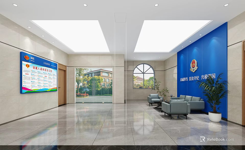 Modern Front Desk Reception Area With Blue Walls Information Screen Sofa Seating And Glass Doors 3d model 
