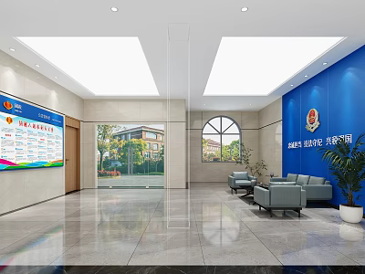 Modern Front Desk Reception Area With Blue Walls Information Screen Sofa Seating And Glass Doors 3d model