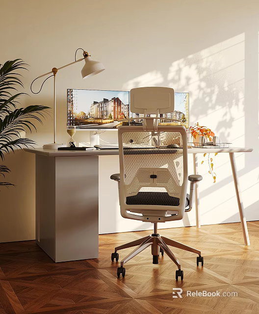 Modern Home Office Desk With Ergonomic Mesh Chair Metal Stand Lamp And Potted Plant 3d model 