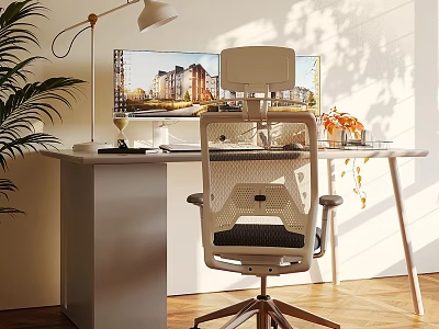 Modern Home Office Desk With Ergonomic Mesh Chair Metal Stand Lamp And Potted Plant 3d model