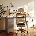 Modern Home Office Desk With Ergonomic Mesh Chair Metal Stand Lamp And Potted Plant