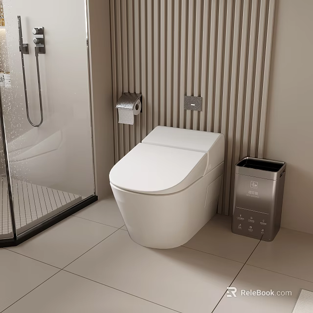 Modern Bathroom Interior With Smart Toilet Vertical Striped Wall Trash Bin And Light Tiles 3d model 