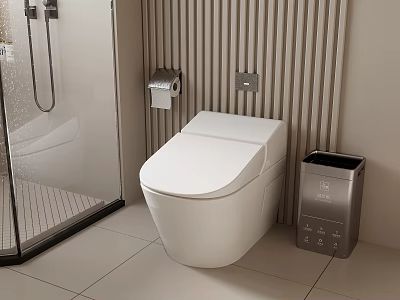 Modern Bathroom Interior With Smart Toilet Vertical Striped Wall Trash Bin And Light Tiles 3d model