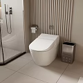 Modern Bathroom Interior With Smart Toilet Vertical Striped Wall Trash Bin And Light Tiles