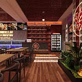 Modern Restaurant Interior Featuring Wooden Tables Chairs Colorful EAT WINE Wall Graffiti And Pendant Lights