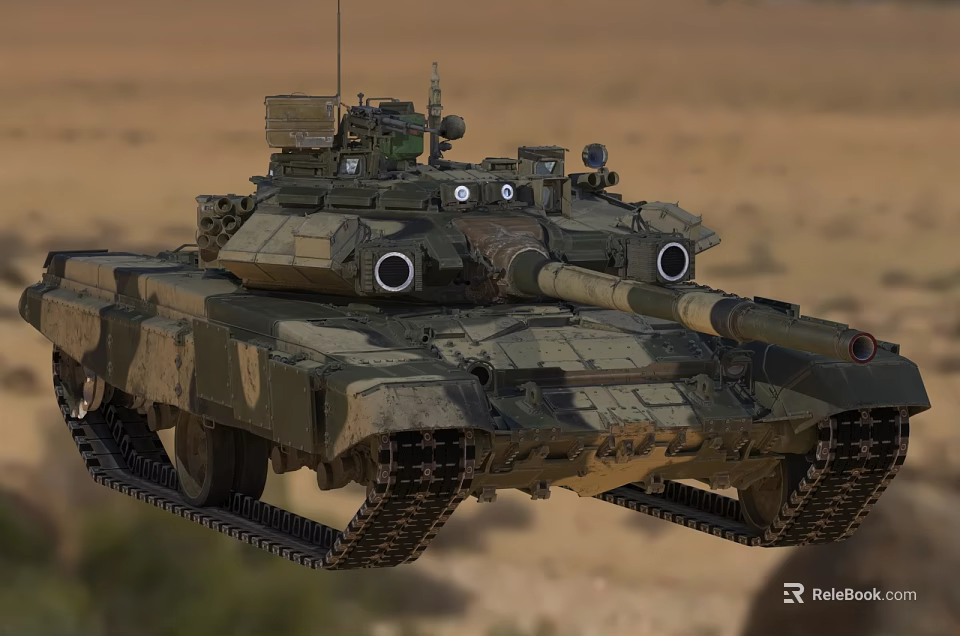 Main Battle Tank With Camouflage Paint Gun Barrel Tracks And Desert Background 3d model 