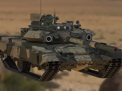 Main Battle Tank With Camouflage Paint Gun Barrel Tracks And Desert Background 3d model