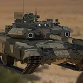 Main Battle Tank With Camouflage Paint Gun Barrel Tracks And Desert Background