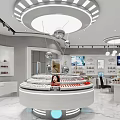 Modern Cosmetics Store Interior With Circular Display Counter Screen Lighting And Product Displays