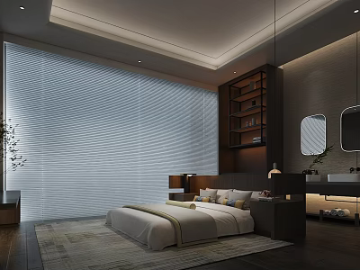Modern Bedroom Furniture Store Showcasing Comfortable Bed Wooden Bookshelf Wall Mirror And Roller Blinds 3d model