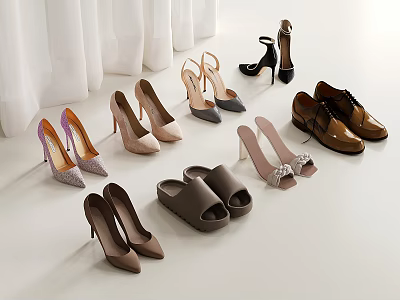 Various Stylish Shoes Display With High Heels Sandals Leather Designs And Rhinestone Details 3d model