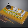 Traditional Green Tea Set On Wooden Tray With Teapot Cups Bowls Leaf Cloth And Chopsticks