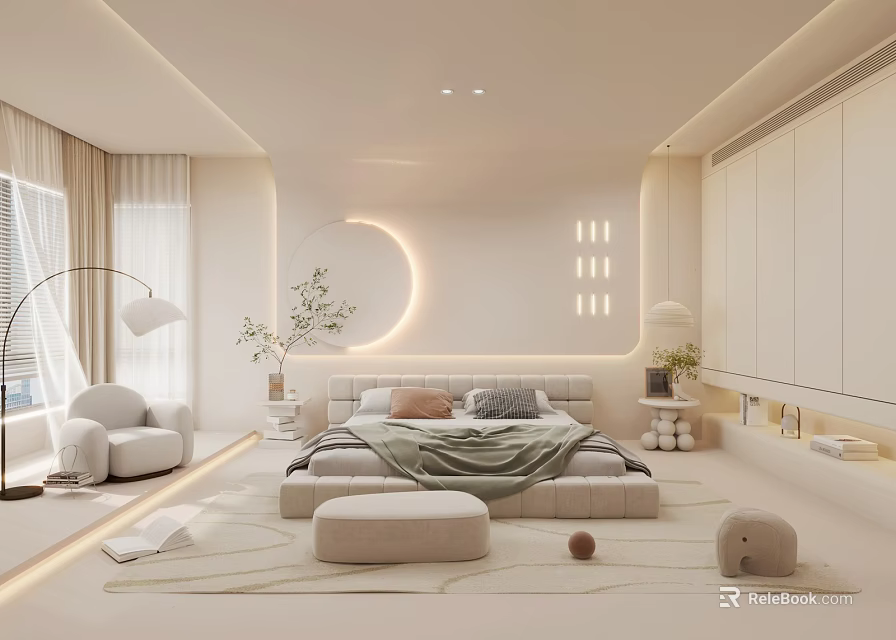 Modern Minimalist Bedroom Interior Design With Cozy Bed Round Lighting Rug And Decorative Plants 3d model 