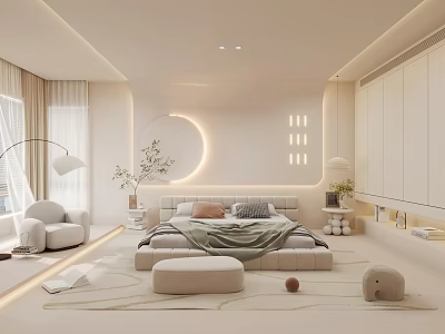 Modern Minimalist Bedroom Interior Design With Cozy Bed Round Lighting Rug And Decorative Plants 3d model