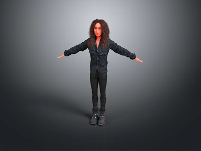 Game Movie Character Curly Long Hair Black Jacket Pants Boots Arms Outstretched Gray Background 3d model