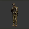 Military Style Game And Movie Character In Camouflage Uniform With Helmet Goggles Backpack And Weapon
