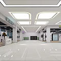 Spacious Lobby Corridor With White Tiled Floor Square Ceiling Lights Green Plants Information Desk And Seats