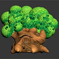 Cute Cartoon Tree House Scene With Green Mushroom Leaves Brown Trunk Wooden Door Round Windows