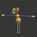 Golden Abstract Humanoid Character with Curly Hair Spherical Body and Slender Limbs on Dark Background