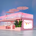 Pink Container Building with Open Design Outdoor Umbrellas Staircase Green Plants and Interior