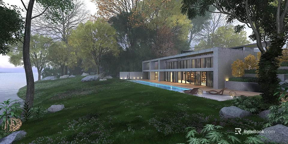 Modern Detached Villa With Swimming Pool Lush Lawn And Surrounding Trees 3d model 