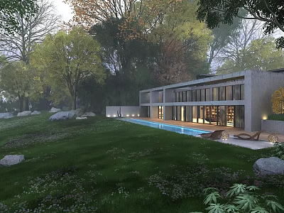 Modern Detached Villa With Swimming Pool Lush Lawn And Surrounding Trees 3d model