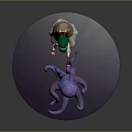 Green Hat Orange Top White Dress Game Movie Character and Purple Octopus Figure on Purple Round Base