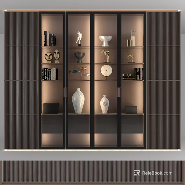 Modern Display Cabinet With Glass Doors And Interior Lighting Featuring Vases Sculptures And Books 3d model 