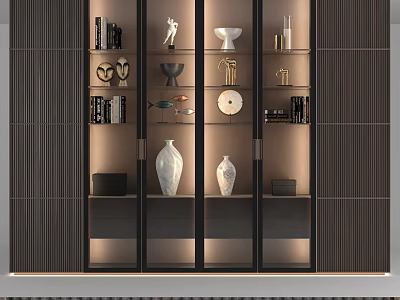 Modern Display Cabinet With Glass Doors And Interior Lighting Featuring Vases Sculptures And Books 3d model