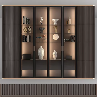 Modern Display Cabinet With Glass Doors And Interior Lighting Featuring Vases Sculptures And Books 3d model
