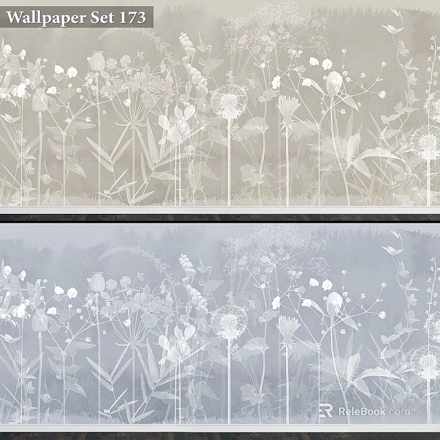 Elegant Nature Decorative Wall Panel with Plant Silhouette Patterns in Light Gray and Blue Tones 3d model 
