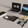 Modern Laptop and Tablet Workspace With Headphones Mouse Smartphone and Coffee Cup