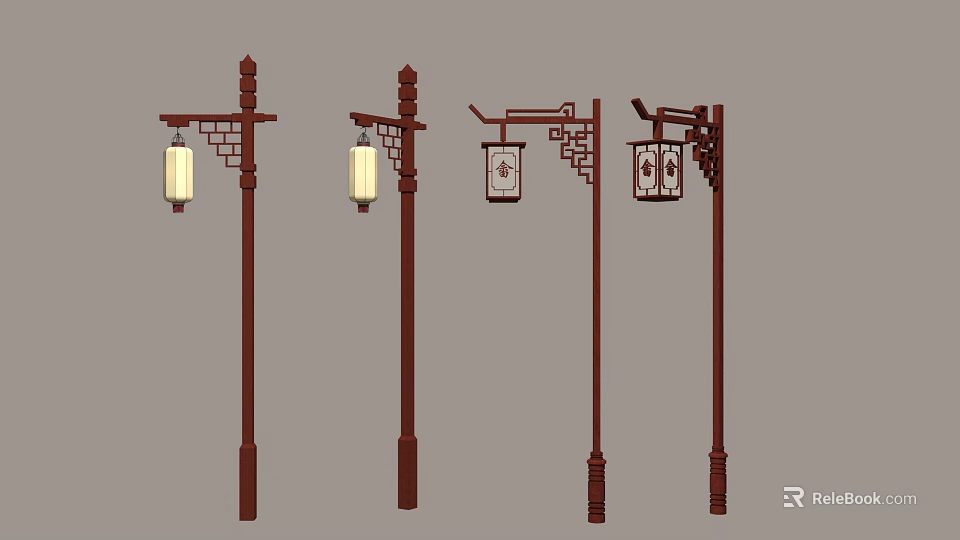 Traditional Chinese Style Street Lamps With Decorative Lanterns And Wooden Poles 3d model 