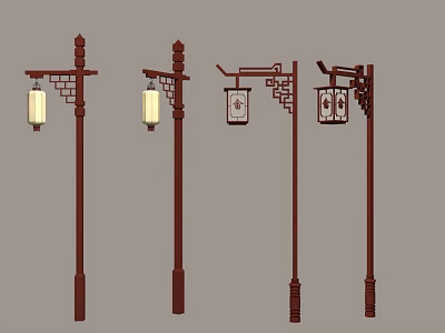 Traditional Chinese Style Street Lamps With Decorative Lanterns And Wooden Poles 3d model