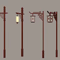 Traditional Chinese Style Street Lamps With Decorative Lanterns And Wooden Poles