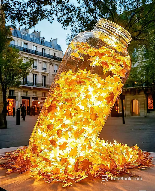 Transparent Bottle Filled With Yellow Maple Leaves Spilled On Outdoor Parisian Street 3d model 