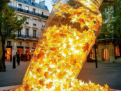 Transparent Bottle Filled With Yellow Maple Leaves Spilled On Outdoor Parisian Street 3d model