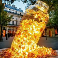 Transparent Bottle Filled With Yellow Maple Leaves Spilled On Outdoor Parisian Street