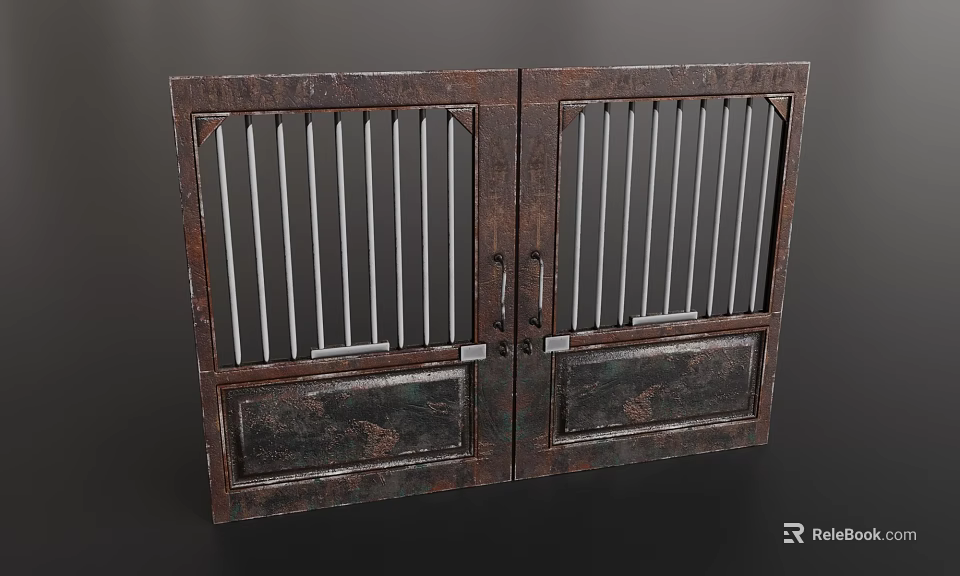 Double Wooden Gates with Dark Brown Weathered Finish Vertical Metal Bars and Metal Hardware 3d model 