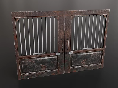Double Wooden Gates with Dark Brown Weathered Finish Vertical Metal Bars and Metal Hardware 3d model