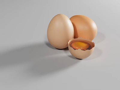 Fresh Brown Chicken Eggs With Cracked Shell And Runny Yolk on Light Gray Background 3d model